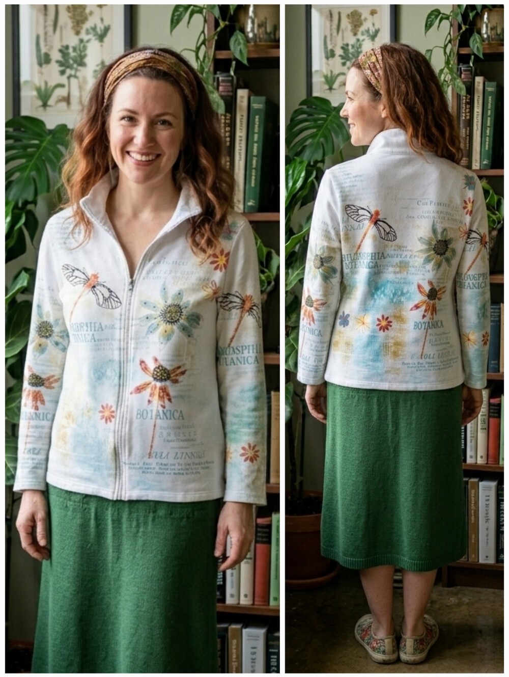Jess & Jane S Botanical Dragonfly Cotton Zip Sweater Cottagecore Eclectic Artsy